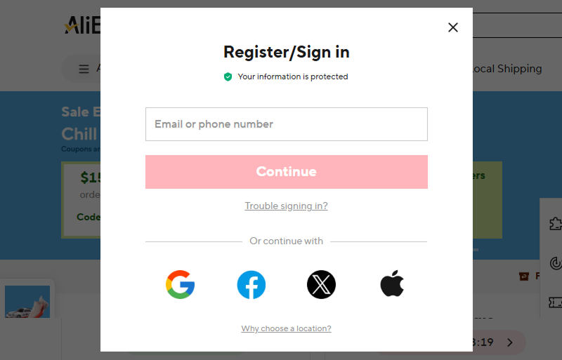 social login in ecommerce: AliExpress