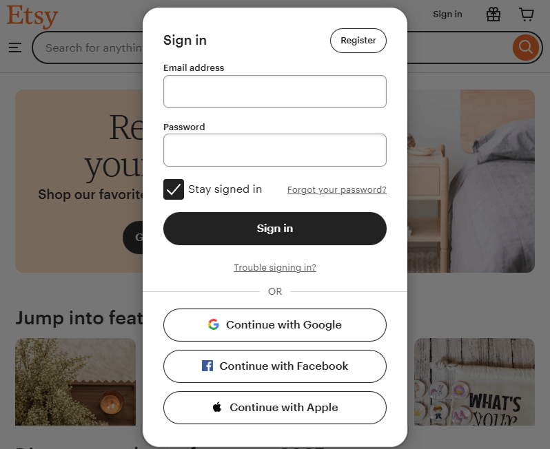 social login ecommerce: etsy