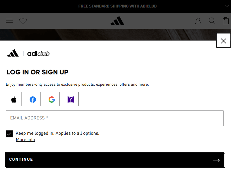social login ecommerce: adidas