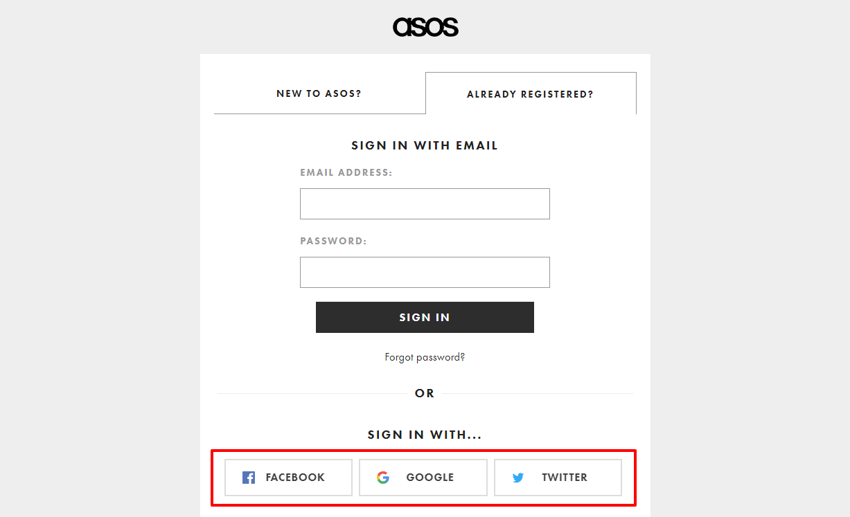 social login on asos