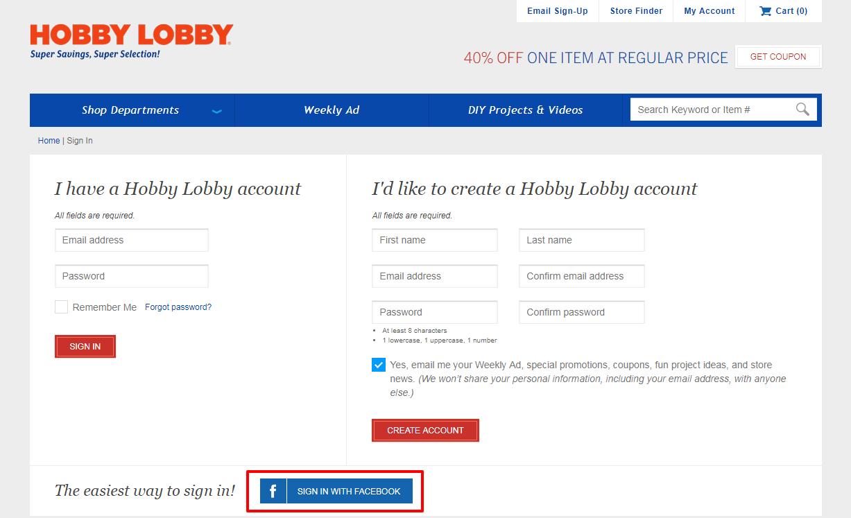 social login on hobby lobby