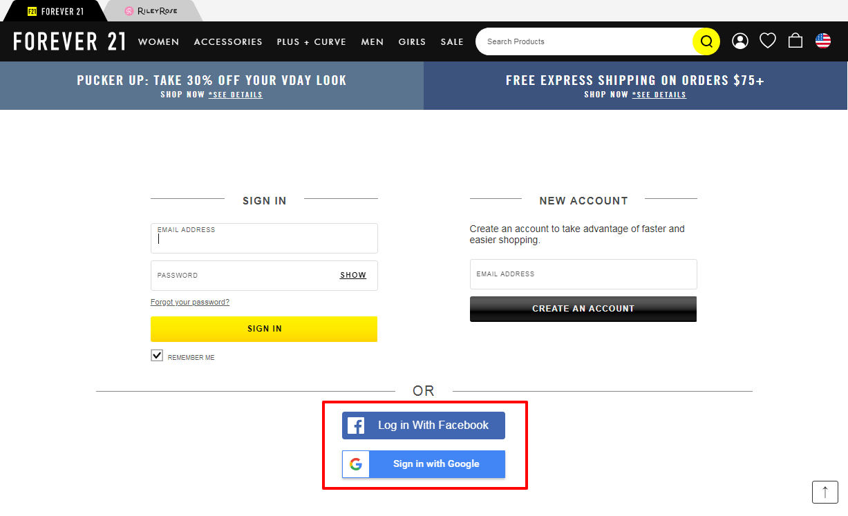 social login on forever21