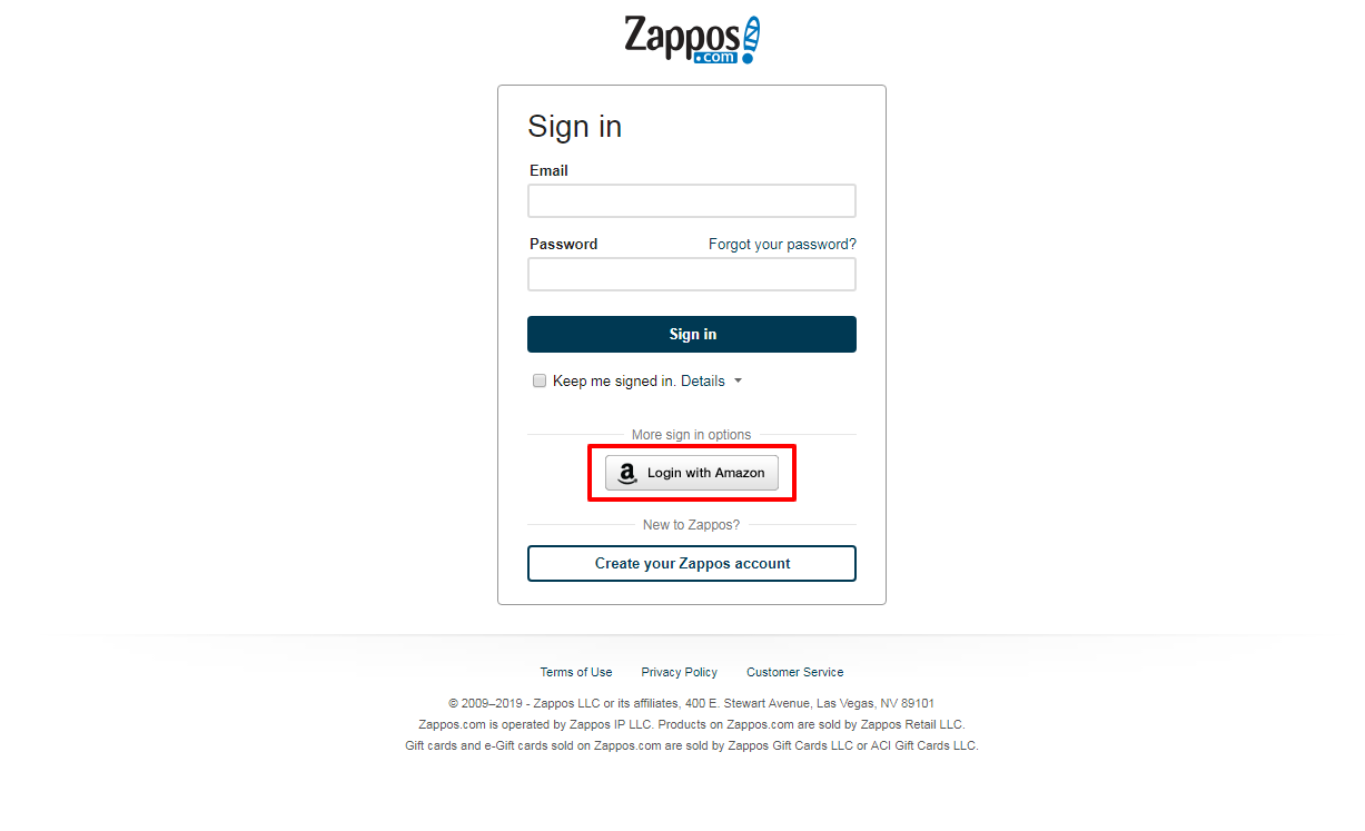 social login on zappos