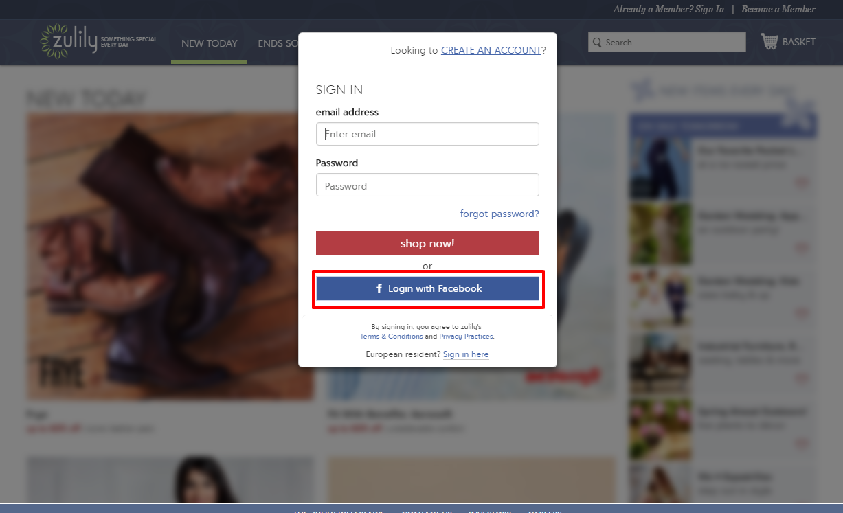 social login on zulily