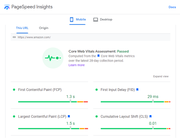 Google Page Speed Insights - Core Web Vitals test 1