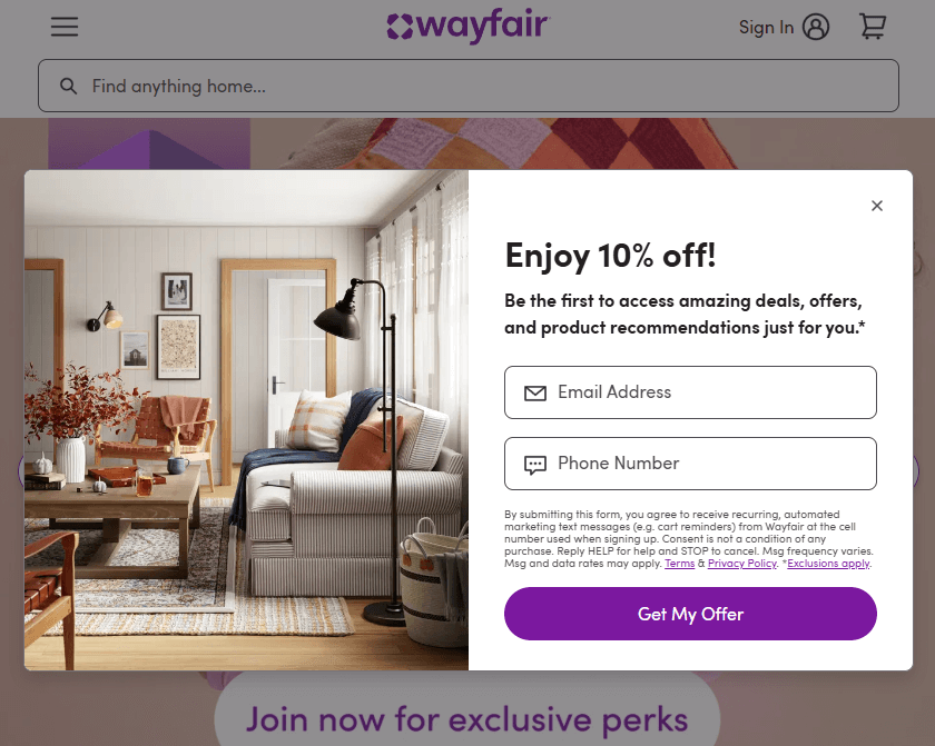 Wayfair Newsletter Popup