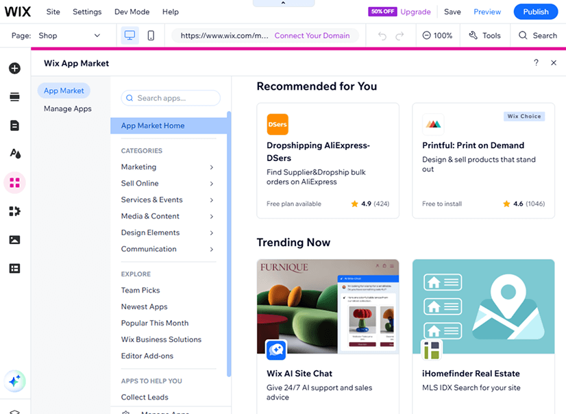 App market screenshot: Wix Ecommerce review