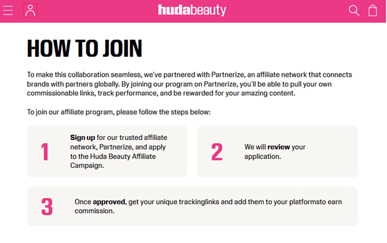Example of Affiliate Programs: Huda Beauty