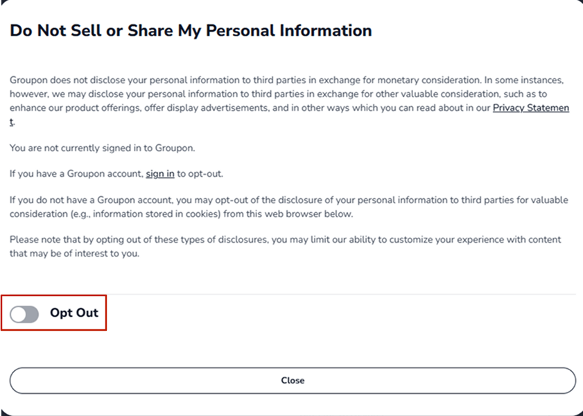 Examples of “Do Not Sell or Share” page: Groupon 
