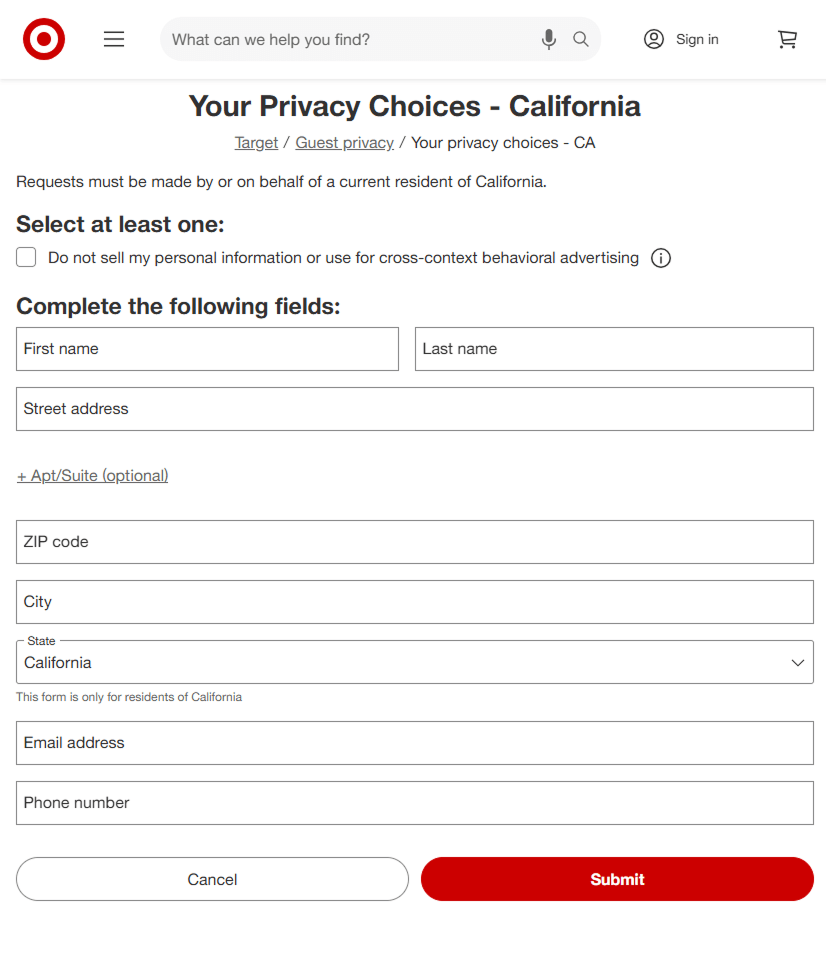 Examples of “Do Not Sell or Share” page: Target 2