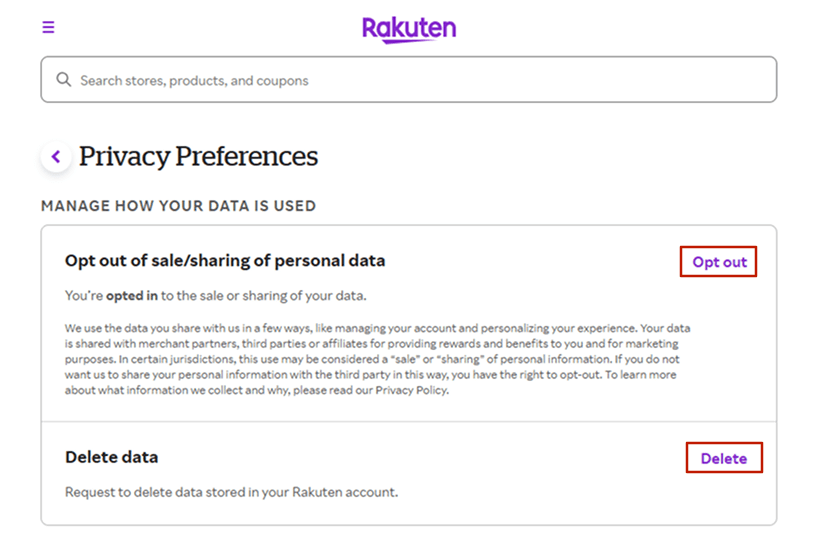 Examples of “Do Not Sell or Share” page: Rakuten