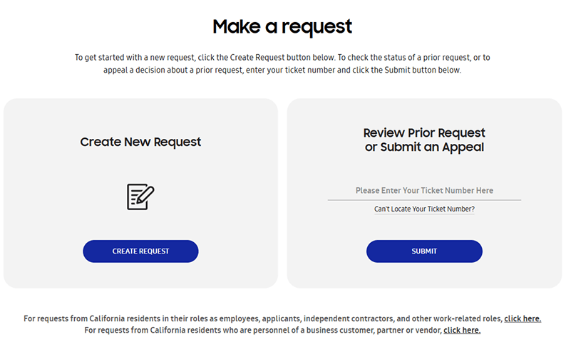 Examples of “Do Not Sell or Share” page: Samsung 