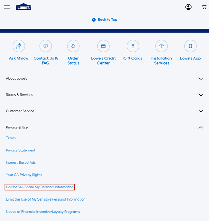 Examples of “Do Not Sell or Share” page: Lowe’s 1