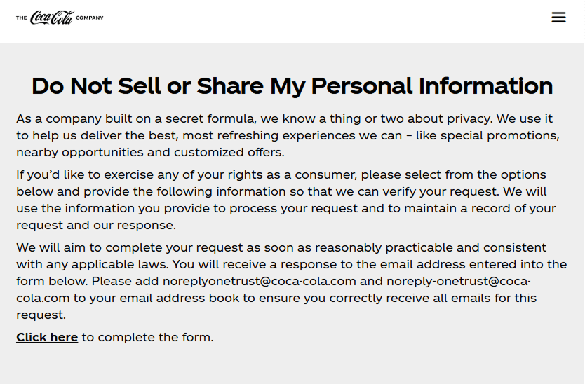 Examples of “Do Not Sell or Share” page: Coca-Cola 1