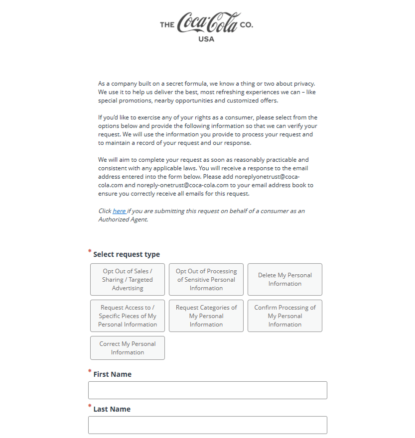 Examples of “Do Not Sell or Share” page:  Coca-Cola 2