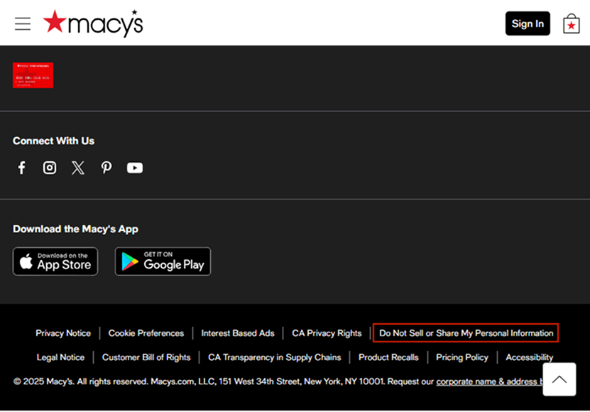 Examples of “Do Not Sell or Share” page: Macy’s