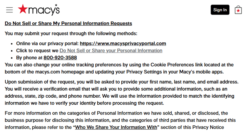 Examples of “Do Not Sell or Share” page: 