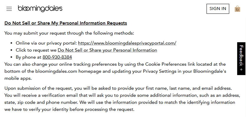 Examples of “Do Not Sell or Share” page: Bloomingdale’s 2