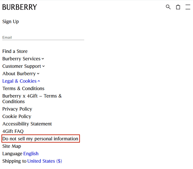Examples of “Do Not Sell or Share” page: Burberry 1