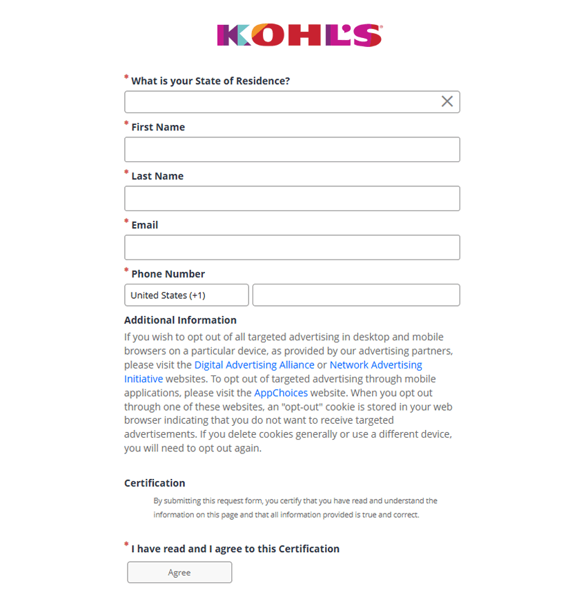 Examples of “Do Not Sell or Share” page: Kohl’s 