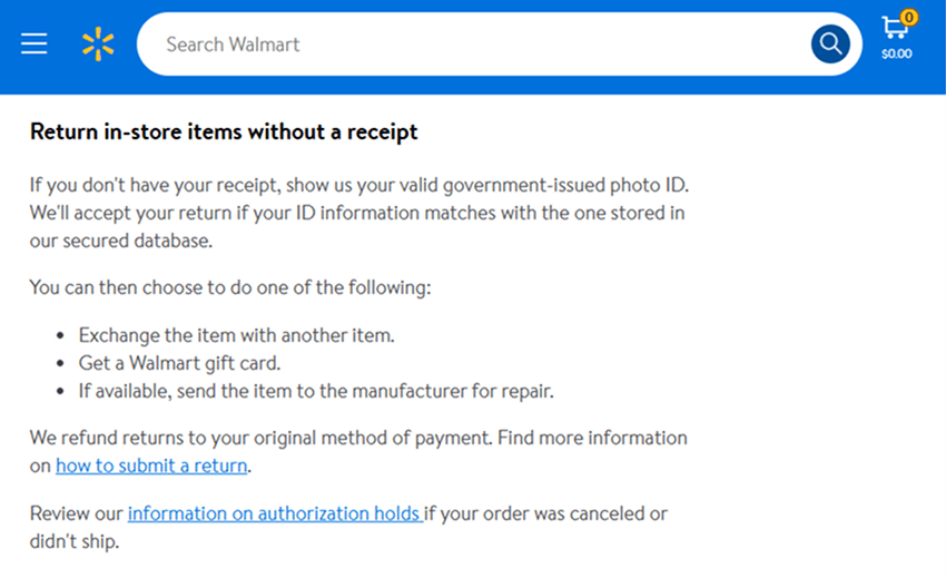 Store Credit Example - Walmart