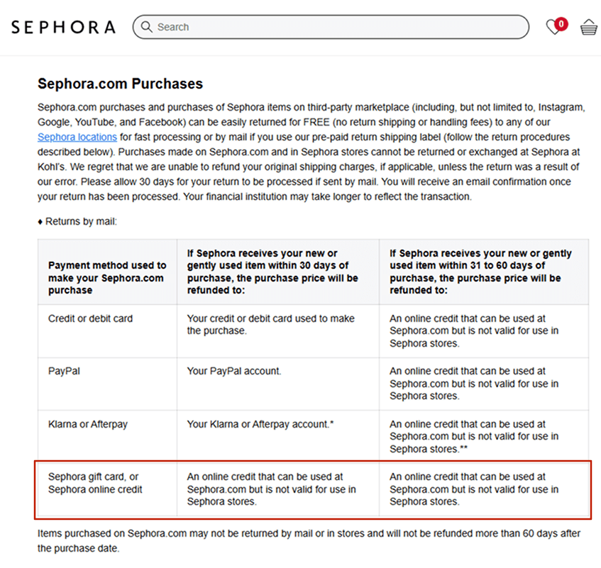 Store Credit Example - Sephora