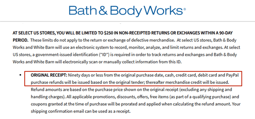 Store Credit Example - Bath & Body Works