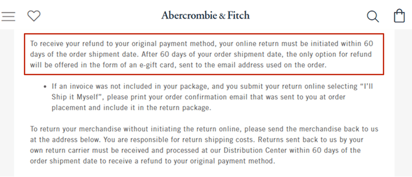 Store Credit Example - Abercrombie & Fitch