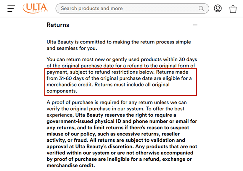 Store Credit Example - ULTA Beauty