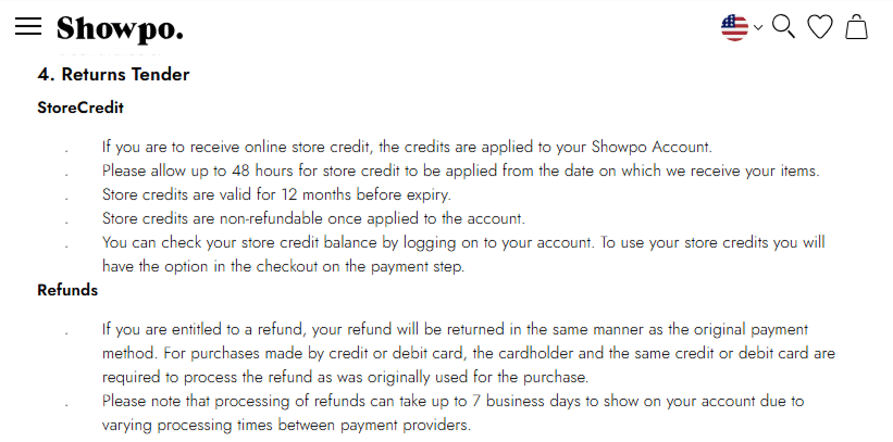 Store Credit Example - Showpo