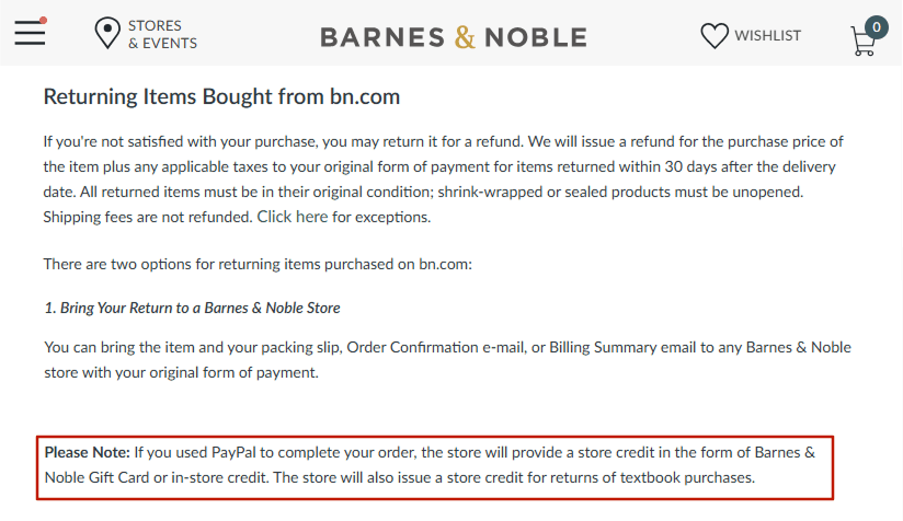 Store Credit Example - Barnes & Noble