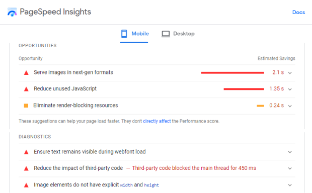 Google Page Speed Insights - Core Web Vitals test 2