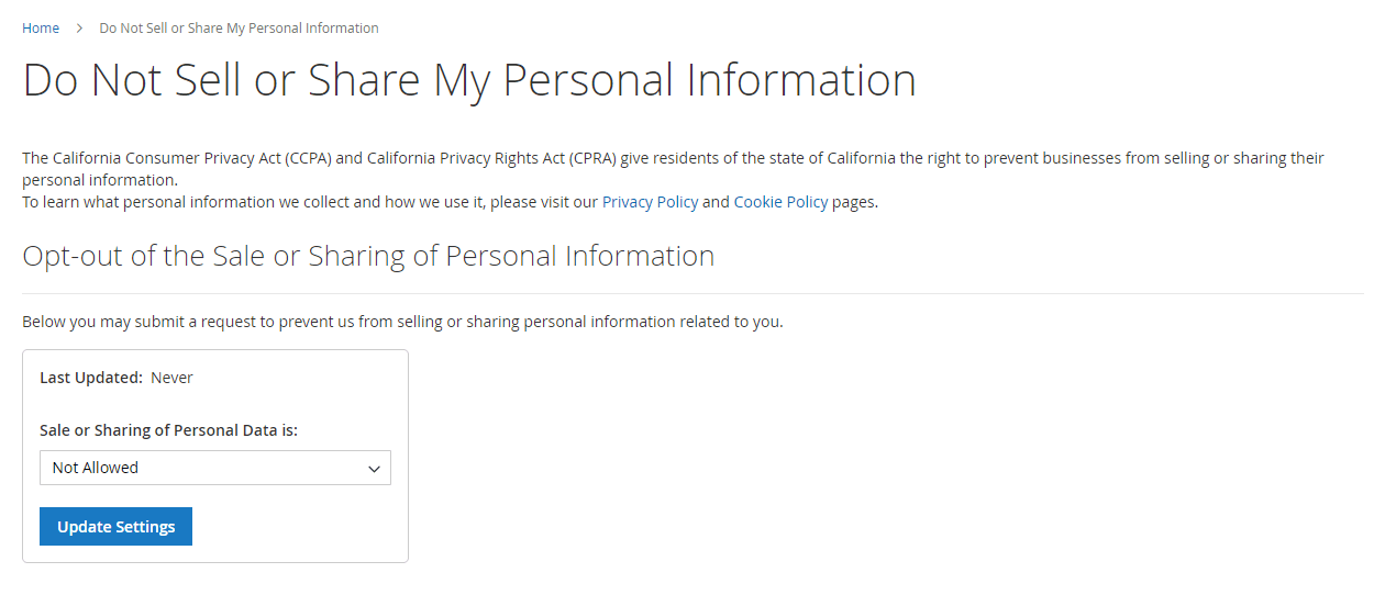 Magneto 2 CPRA: Do Not Sell Or Share My Personal Information Page