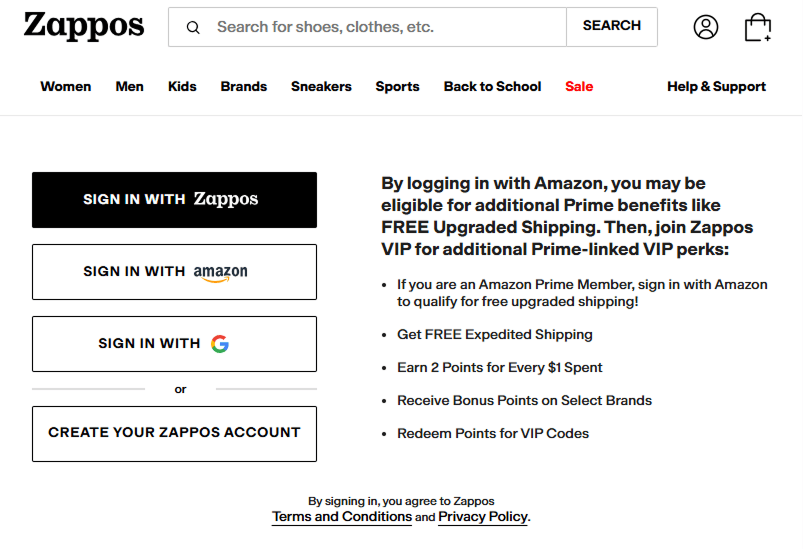 social login ecommerce: zappos