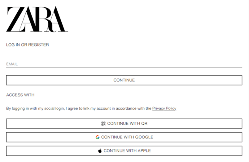 social login ecommerce: Zara
