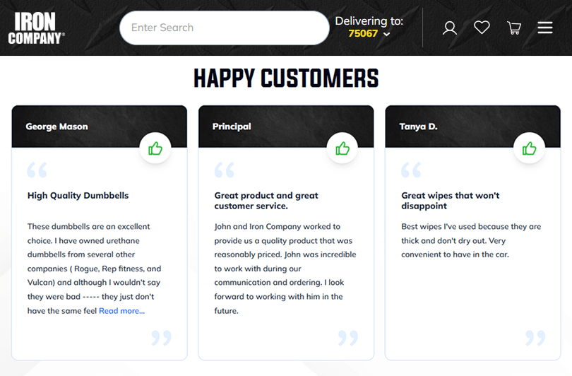 IRON COMPANY Happy Customers section with customer reviews as social proof