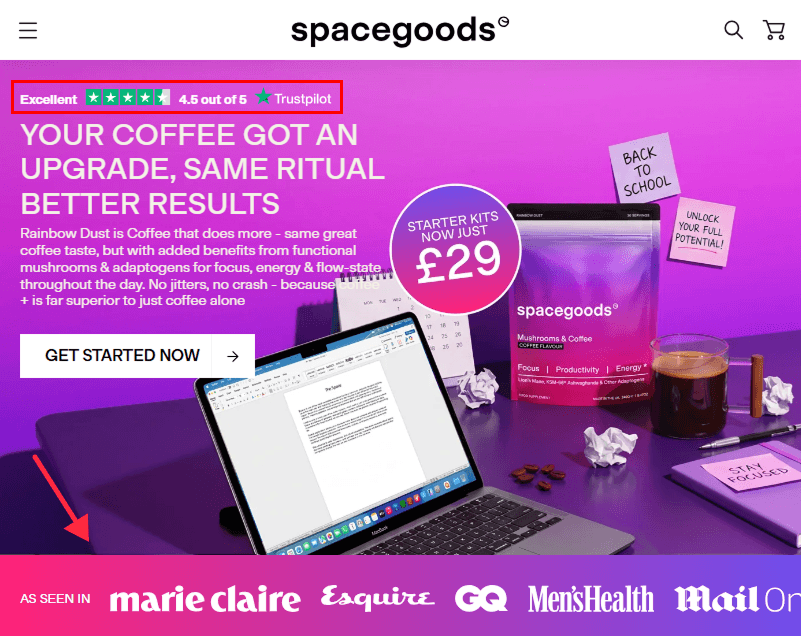 Spacegoods homepage with As Seen In media logos and a Trustpilot rating badge