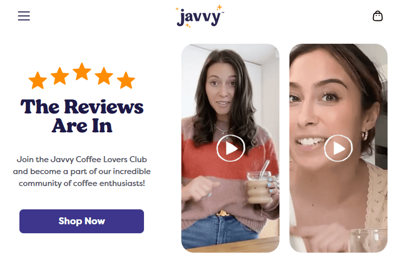 Javvy Coffee customer videos placed next to a Shop Now button as user-generated content