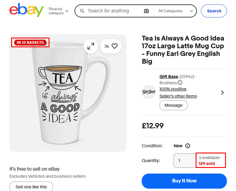 eBay product page with popularity signals: items in baskets, watchers, units sold, and a trending label