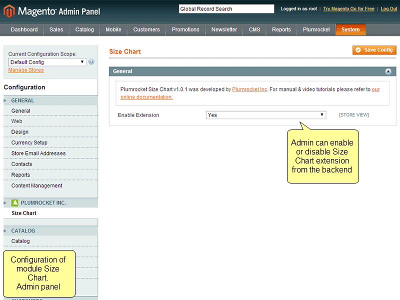 Admin can enable Size Chart extension in the backend