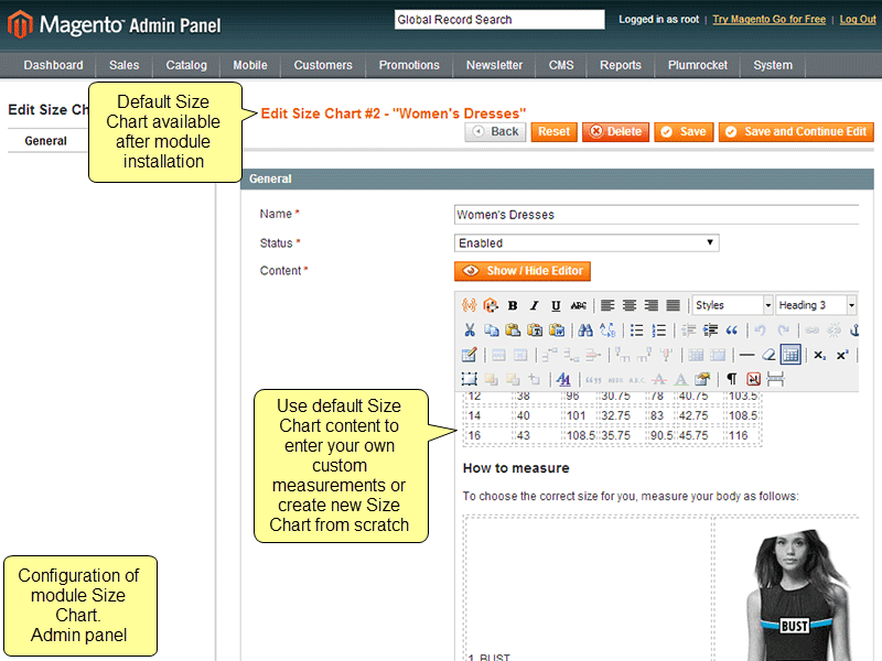 Admin can modify default Size Chart content or create new Size Chart from scratch