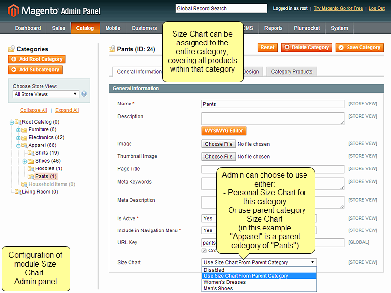 Admin can assign Size Chart to entire category, covering all products within it