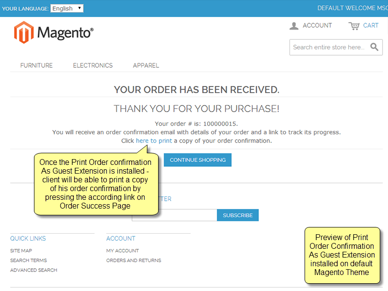 Link to print order confirmation in Magento Order Success page