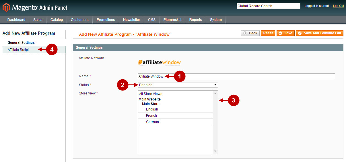 Configuring Affiliate Window affiliate program magento extension