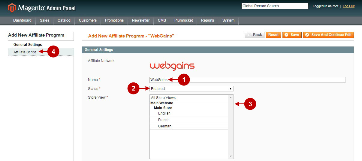 Configuring Webgains affiliate program magento extension