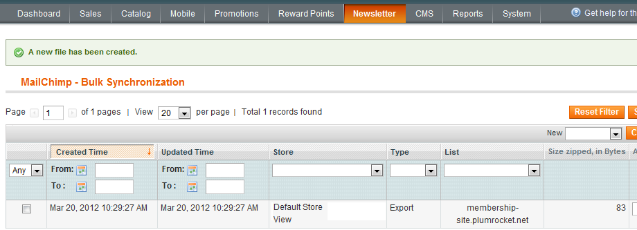 Magento mch export list create success