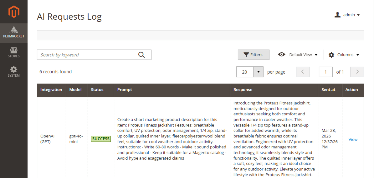 Magento 2 AI Connector Configuration: AI Requests Log