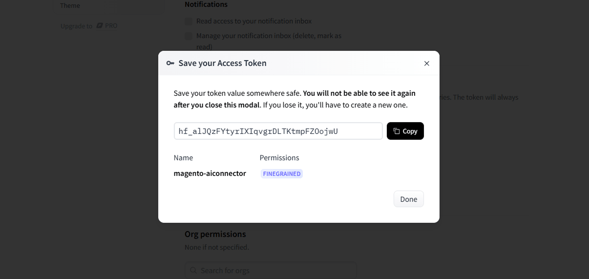 Hugging Face API Key: Click the Create token button