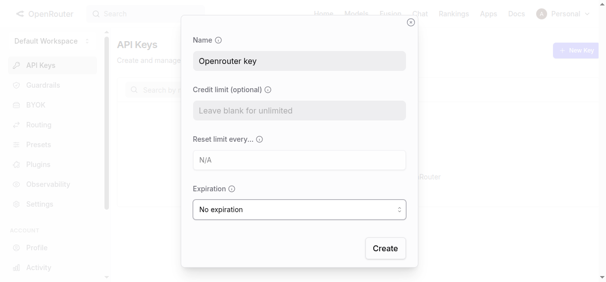 Step 2. Create a new API key