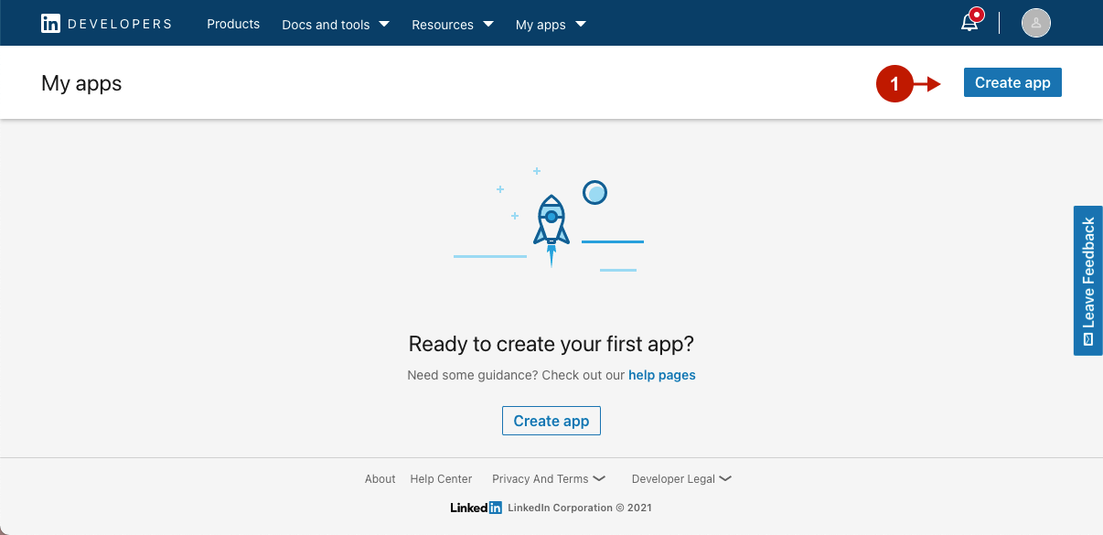 Creating new LinkedIn application step 1